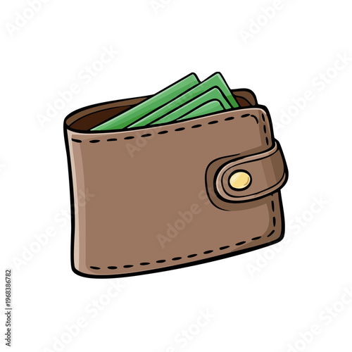 Brown leather wallet with green banknotes peeking out and a secure snap closure