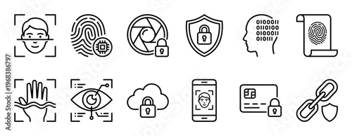 Set of black line icons representing biometric authentication, cybersecurity, and digital identity concepts like face recognition, fingerprint scanning, and secure data protection