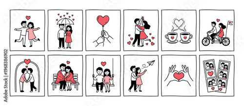Set of hand-drawn romantic couple illustrations showing various love story moments in a cute doodle style with red heart accents for Valentine's Day or wedding themes