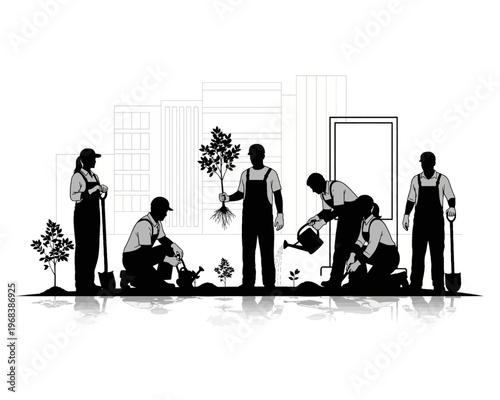 Silhouetted workers planting new trees and watering young plants, demonstrating teamwork for urban greening.