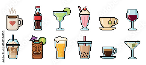 Pixel art collection of various drinks and beverages including coffee, tea, soda, beer, wine, and cocktails in a retro 8-bit video game style illustration set