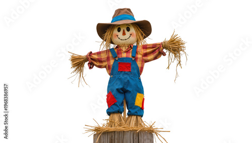 Photos Rustic scarecrow wearing a straw hat plaid shirt and denim overalls standing on