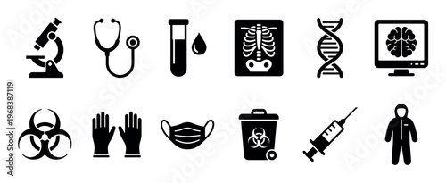Collection of twelve black silhouette icons for medicine and science, featuring a microscope, x-ray, syringe, DNA, biohazard sign, and protective equipment
