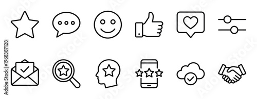 Collection of black line icons representing customer feedback, satisfaction, and online reviews, including symbols for rating, likes, comments, and user experience evaluation