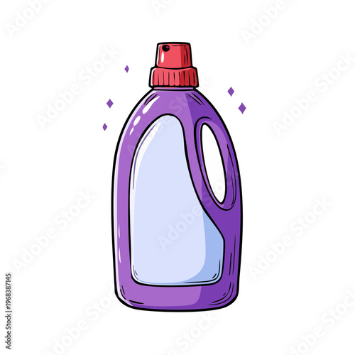 Hand drawn illustration of a purple plastic bottle for laundry detergent with a red cap