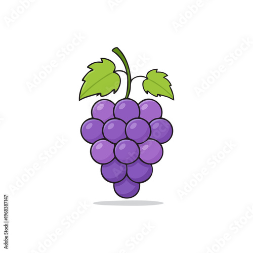 Vibrant illustration of a plump bunch of purple grapes with green leaves and a stem
