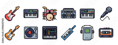 Collection of pixel art music instruments and retro audio equipment like a guitar, synthesizer, drums, turntable, and boombox in an 8-bit video game style illustration