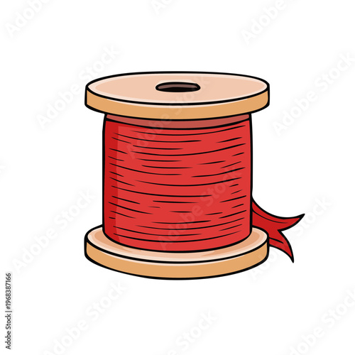 Red thread wound on a wooden spool, a simple illustration for sewing and crafts