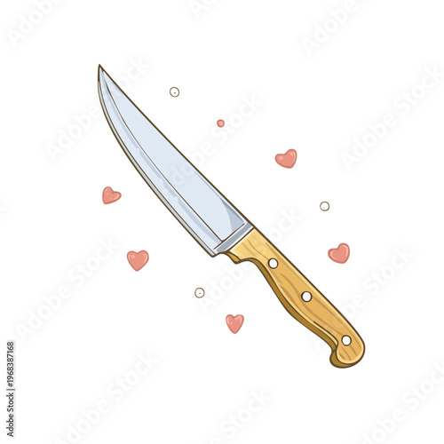 Sharp kitchen knife with a wooden handle and small hearts and circles floating around
