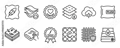 Set of black line icons representing fabric properties like comfort, softness, hypoallergenic, and breathability, designed in a clean, minimalist style for product packaging and labels