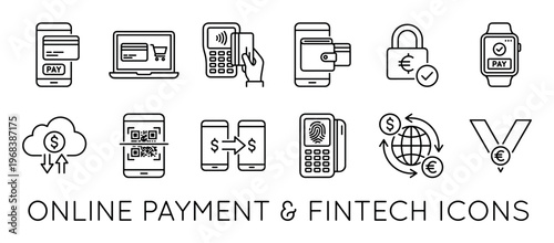 Online payment and fintech thin line icons set showing mobile banking, e-commerce, contactless transaction, and digital wallet symbols for modern financial technology concepts
