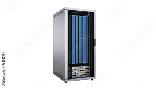 Konstfotografi Modern silver server rack with numerous blue LED lights displaying complex netwo