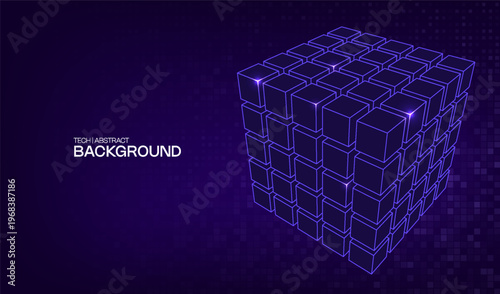Abstract ai 3D cube digital design background technology and blue geometric element. Design network big data with box science and pattern block cyber. Tech concept abstract with futuristic lines.
