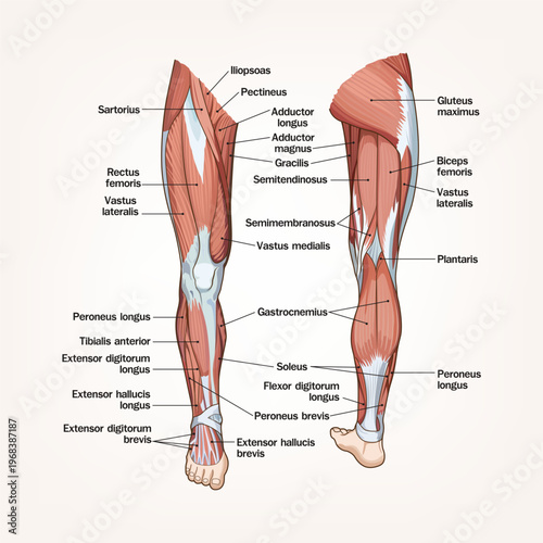 Detailed human leg muscle anatomy illustration showing anterior and posterior views with labeled muscles, ideal for medical education, fitness, and anatomical reference.