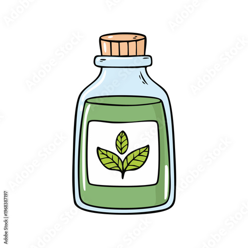 Clear glass bottle with cork lid filled with green liquid and leaf symbol on label