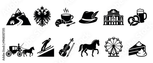 Collection of twelve black silhouette icons representing European culture with symbols for travel, food, music, mountains, winter sports, and historical landmarks