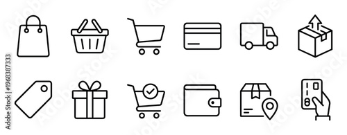 Set of thin line e-commerce icons for online shopping, payment, and delivery, featuring a shopping cart, credit card, wallet, gift box, delivery truck, and package tracking symbol