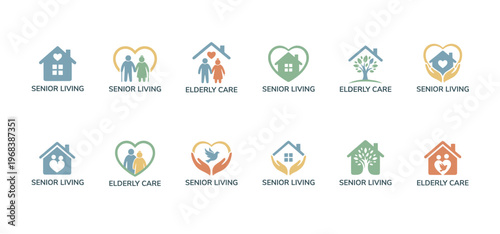 Collection of senior living and elderly care logo icons for nursing homes and retirement communities, featuring symbols like houses, hearts, people, and hands in a flat design set