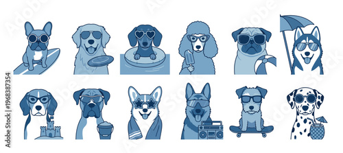 Collection of twelve cartoon dog illustrations enjoying a summer beach vacation with sunglasses, surfboards, and drinks in a cool blue monochromatic style
