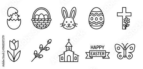 Set of black Easter holiday line icons featuring a hatching chick, bunny face, decorated egg, basket, religious cross, church, tulip, pussy willow, and butterfly