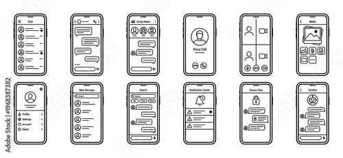 Twelve distinct smartphone application interface designs illustrate various digital communication functions, including chat, calls, notifications, and profiles, rendered in a clean outline style
