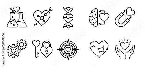 Set of black line icons representing love, relationships, and emotions, including symbols like a heart, brain, magnet, DNA, compass, and lock, illustrating concepts of connection and affection