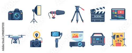 Collection of video production equipment icons including a camera, drone, microphone, tripod, and clapperboard in a flat vector illustration style for filmmaking and vlogging concepts