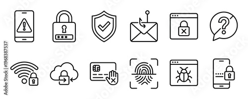 Set of black line icons illustrating cybersecurity concepts including password protection, phishing scams, malware detection, and biometric authentication for data privacy