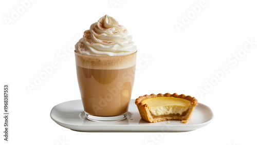 Canvas Print Creamy latte with whipped cream and cinnamon alongside a golden pumpkin pie slic