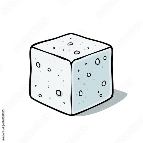 Hand-drawn illustration of a single white sugar cube with small holes