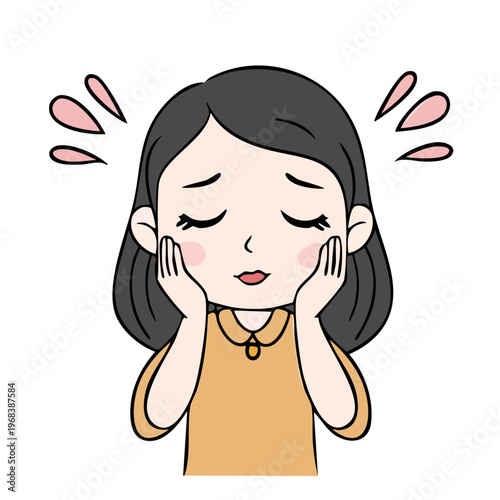 Young woman expresses worry and distress with hands on cheeks and closed eyes