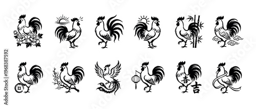 Set of black ink rooster zodiac symbols in a traditional Chinese brush painting style with auspicious elements like peonies, bamboo, a lantern, and the character for good fortune