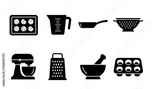 Set of black kitchenware glyph icons for cooking and baking, including a stand mixer, frying pan, colander, grater, measuring cup, and mortar in a simple silhouette style