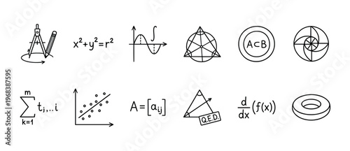 Set of hand-drawn mathematical icons representing various concepts in algebra, geometry, calculus, and statistics in a minimalist black and white doodle style collection