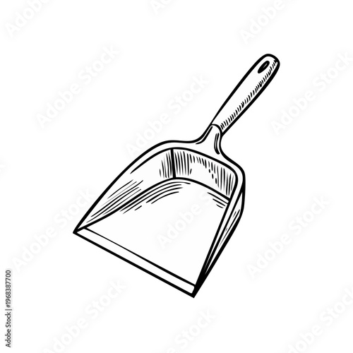 Black and white illustration of a dustpan with a handle