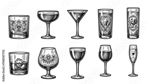 Set of vintage cocktail and wine glasses illustrated in a detailed black and white engraving style, including martini, whiskey, and champagne glassware with ornate patterns