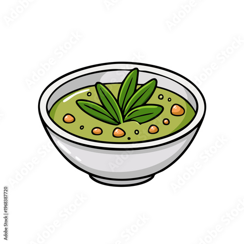 Cartoon bowl of green soup with herbs and small vegetable pieces for healthy food illustration