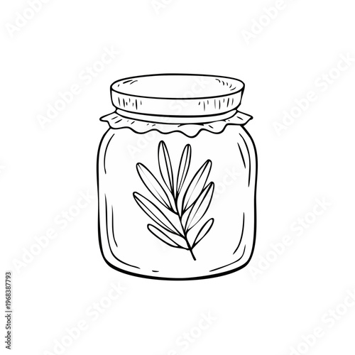 Hand-drawn illustration of a jar with a leaf design, representing preservation or homemade goods.