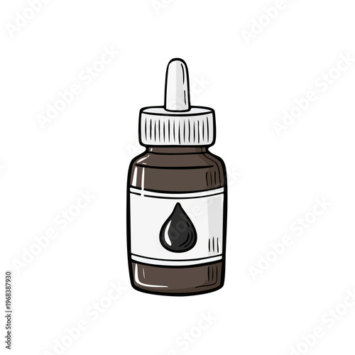 Hand Drawn Illustration of a Dark Liquid Dropper Bottle with Label
