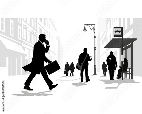 A professional man in a long coat walks briskly, carrying his briefcase, engrossed in a mobile phone conversation.