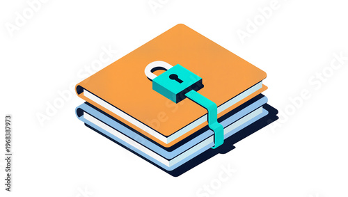 Stacked orange and blue folders secured with a silver padlock, isolated on transparent background for data protection and privacy concepts