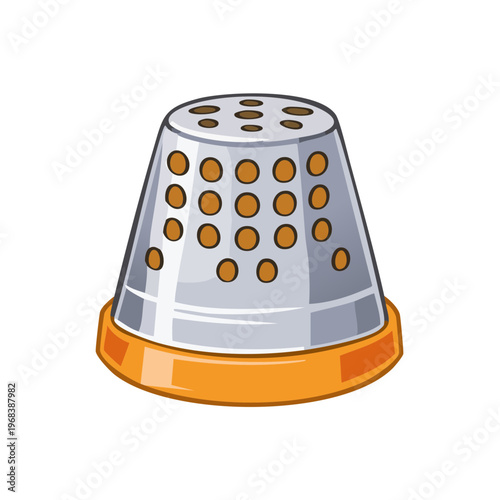 Silver sewing thimble with orange base and numerous air holes for crafting and needlework