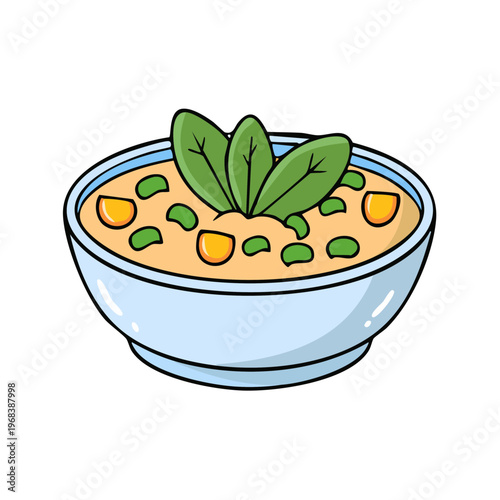 Wholesome bowl of hearty vegetable soup garnished with fresh green spinach leaves