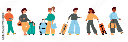 Travel people with luggage flat illustration set tourists walking with suitcases airport vacation concept