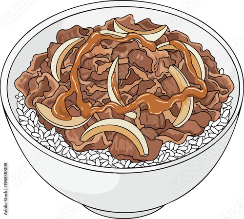 Delicious Japanese Beef Bowl with Rice and Onions.