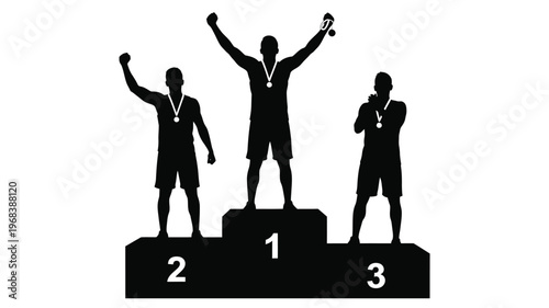 Three athletes celebrate victory on a podium a striking silhouette