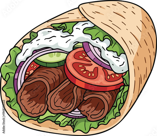 Delicious Gyro Wrap Filled with Meat and Fresh Vegetables.