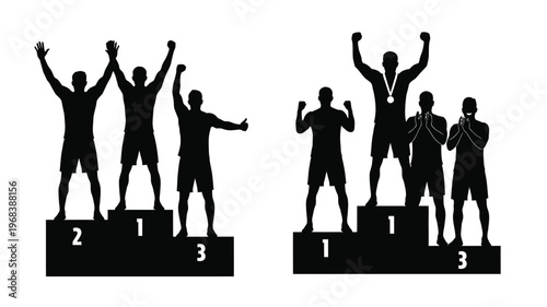 Celebrating winners on podiums a black figure silhouette