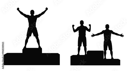 Three men celebrating victory on podiums a striking silhouette