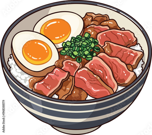 Delicious Japanese Butadon Rice Bowl with Pork and Egg.